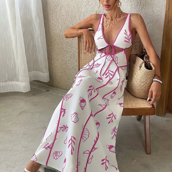 Hot Pink Boho Women's Casual Beach Wedding Party Color Edge Print Dress - Picture 6 of 6